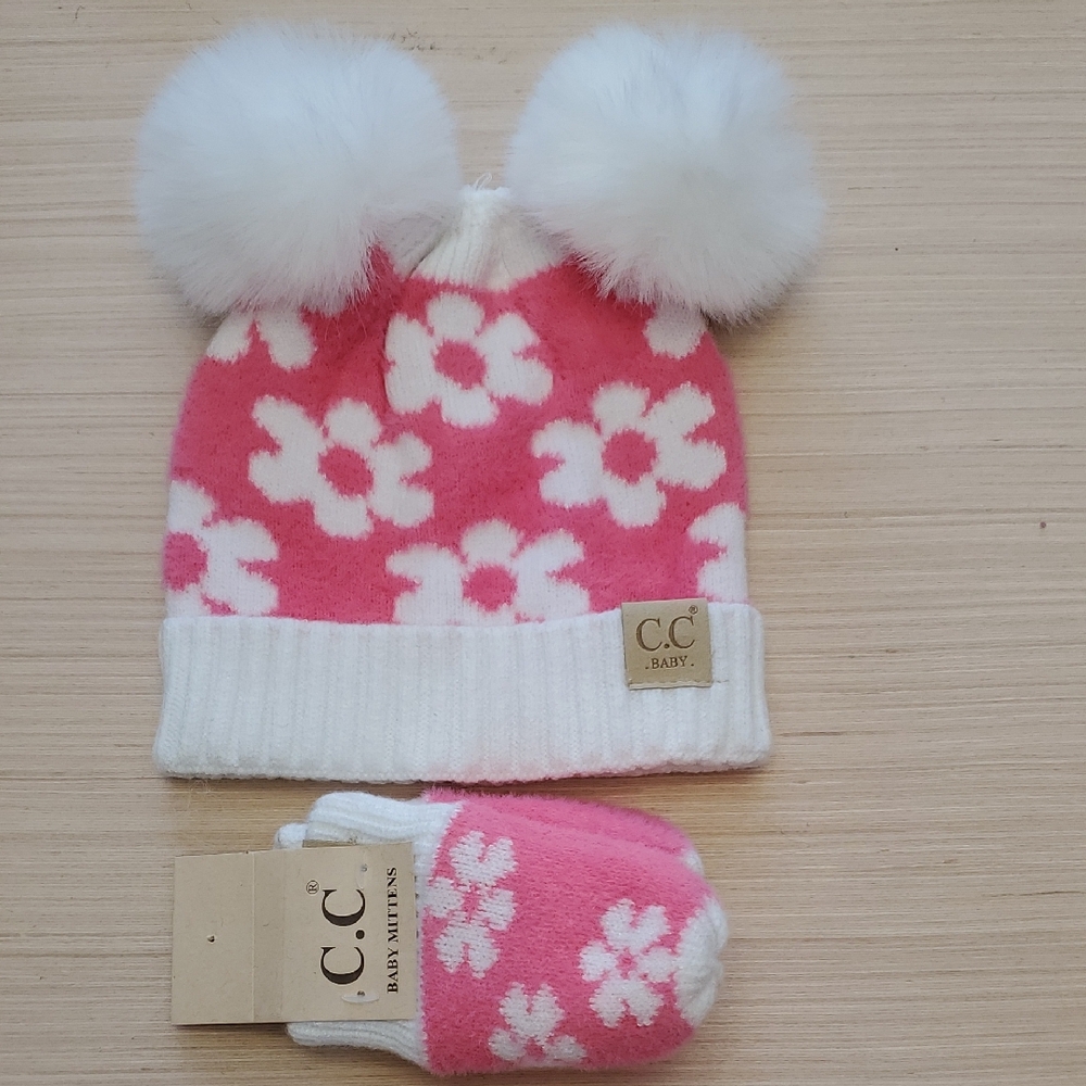 C.C Pink and White Floral Kids Beanie and Mittens Set